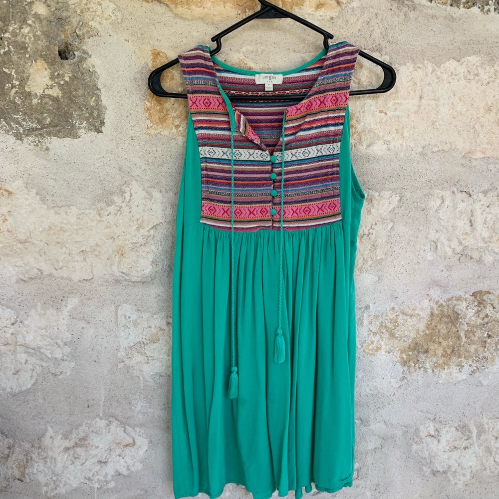 Green Flowy Summer Dress with aztec detail size M